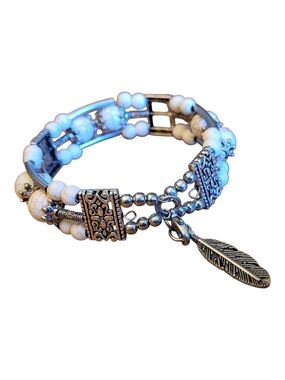 Bohemian White Beaded Feather Charm Bracelet